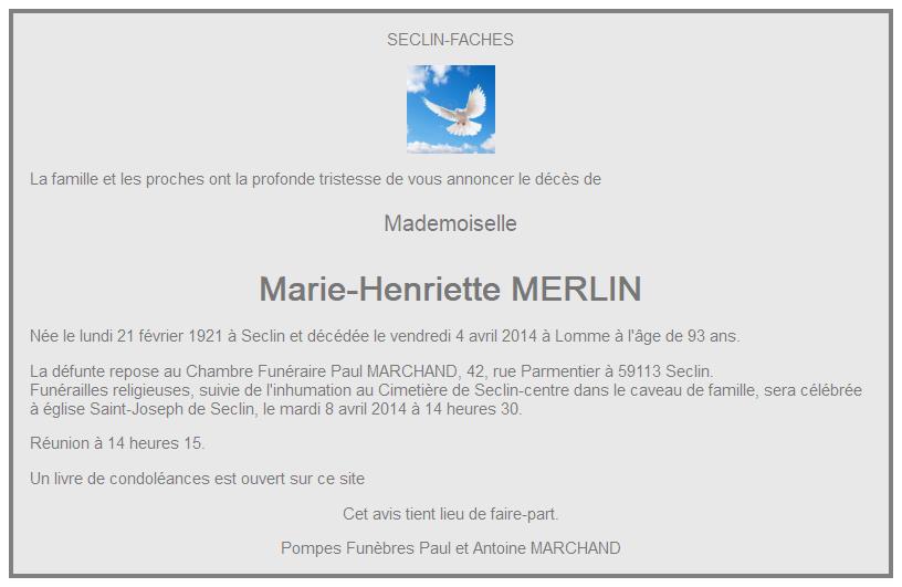 Image Annonce nécrologique de Mari-Henriette MERLIN