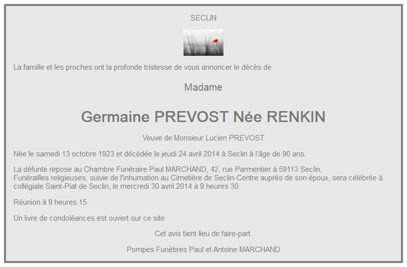 Image L'Annonce nécrologique de Germaine