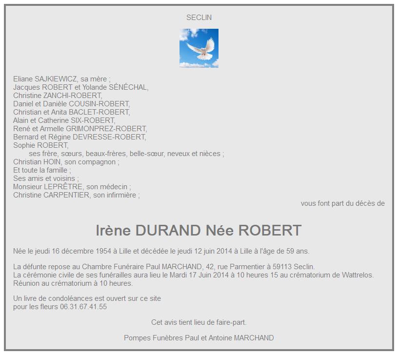 Image Avis de décès d'Irène