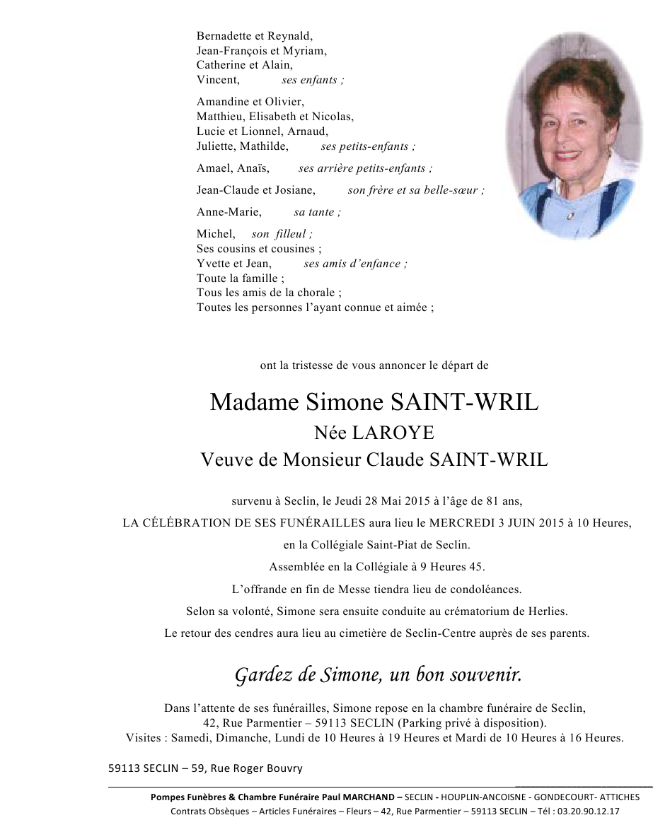 Image Annonce nécrologique de Simone