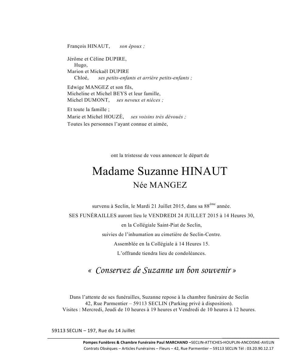 Image Annonce nécrologique de Suzanne