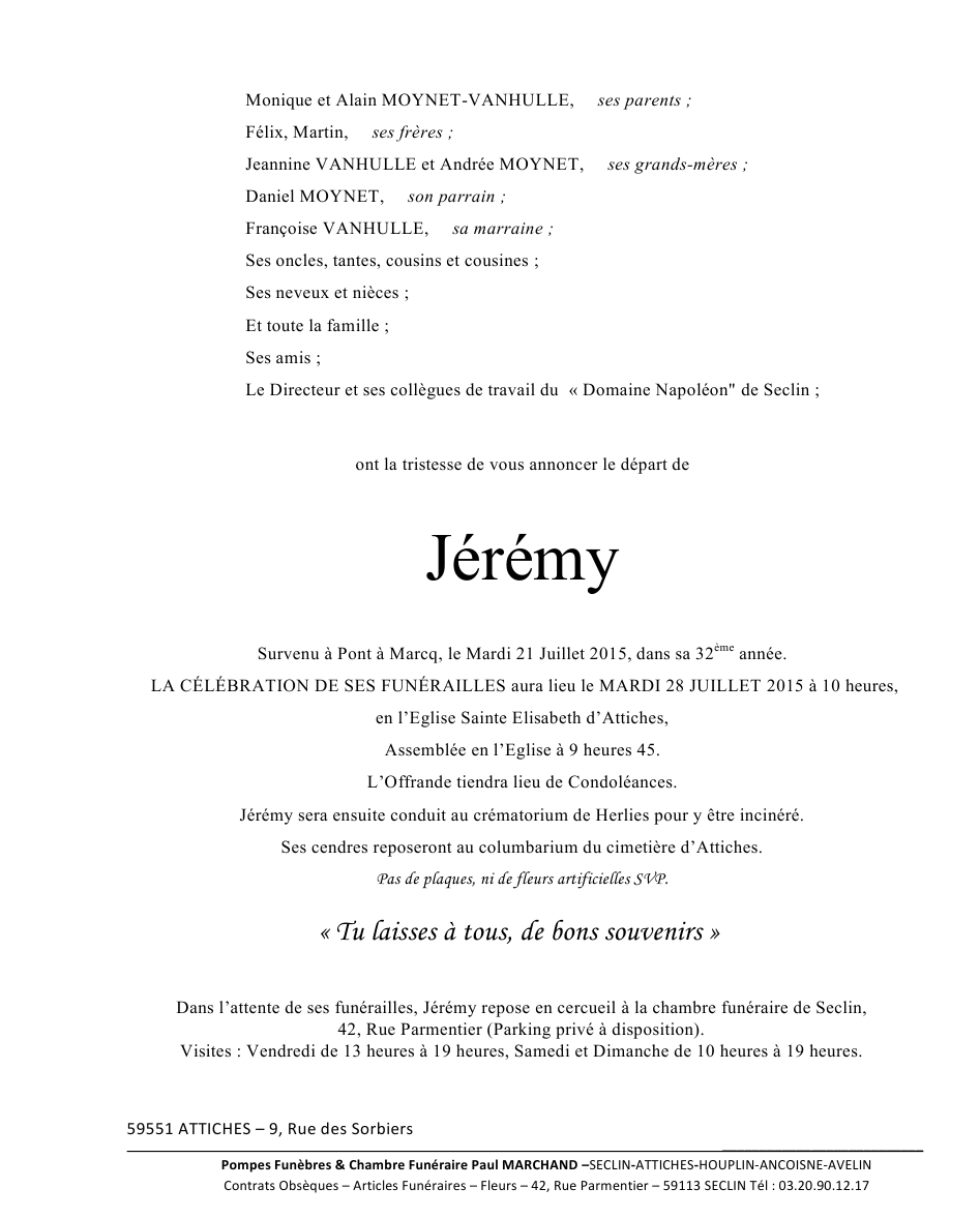Image Annonce nécrologique de Jérémy