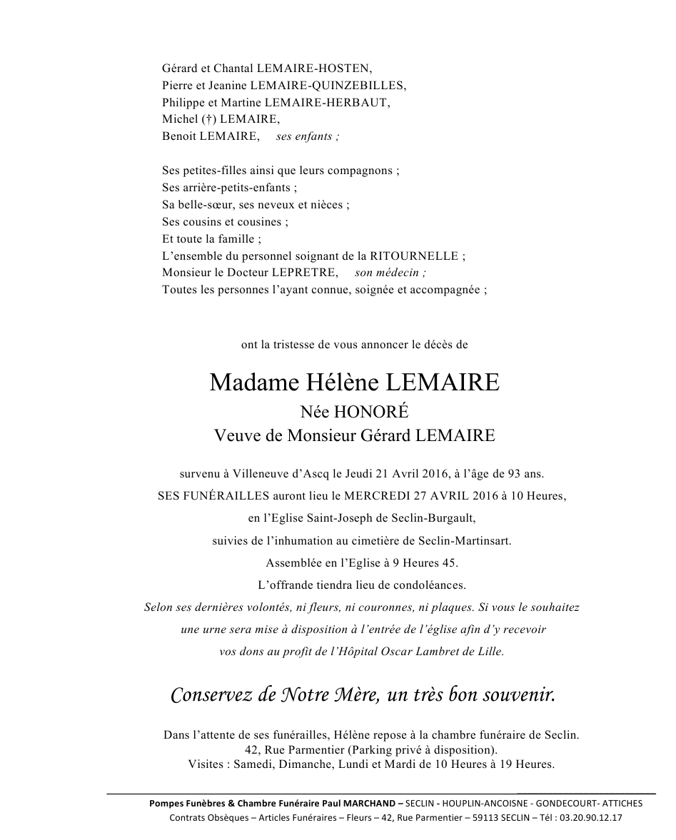 Image Annonce nécrologique d'Hélène