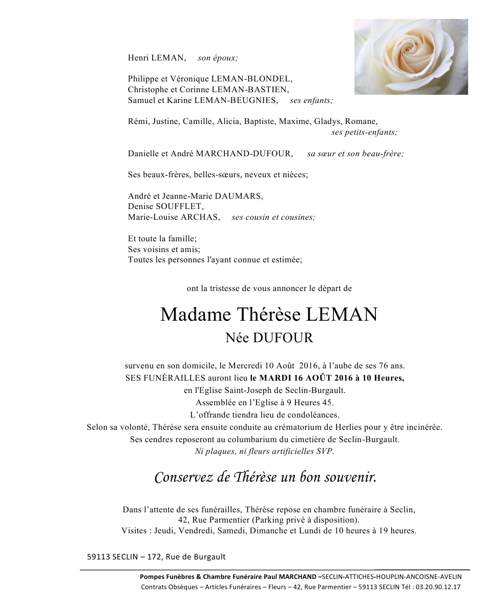 Image Annonce nécrologique de Thérèse
