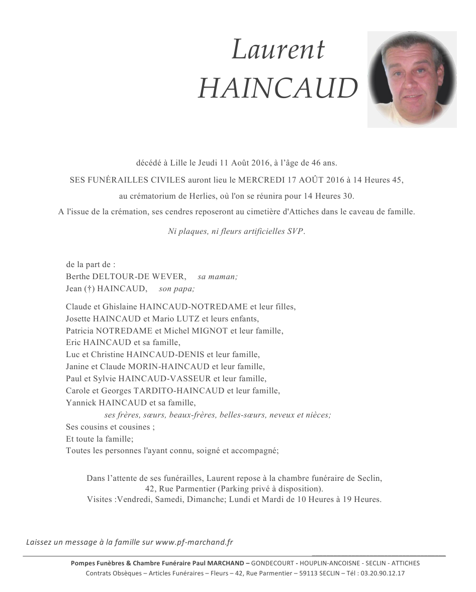 Image Annonce nécrologique de Laurent
