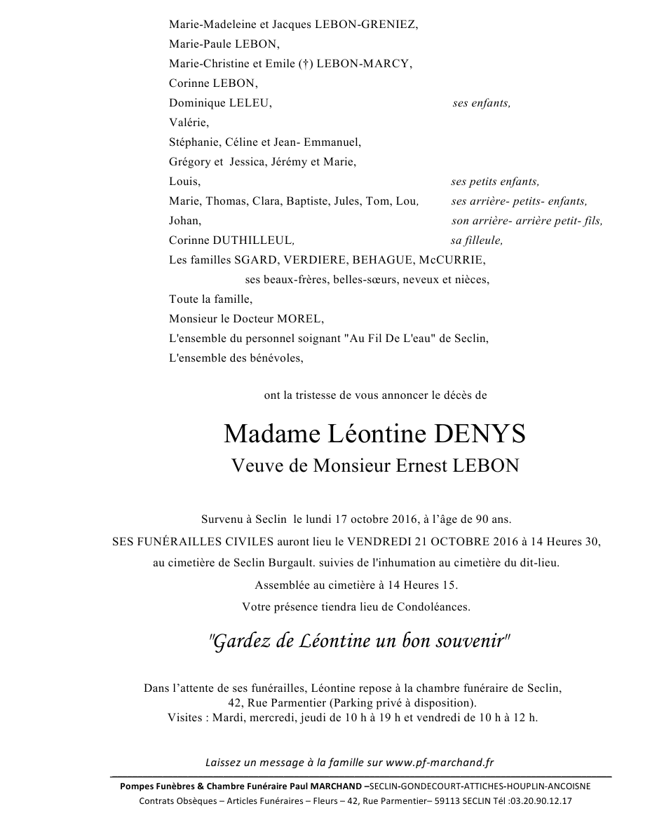 Image Annonce nécrologique de Léontine