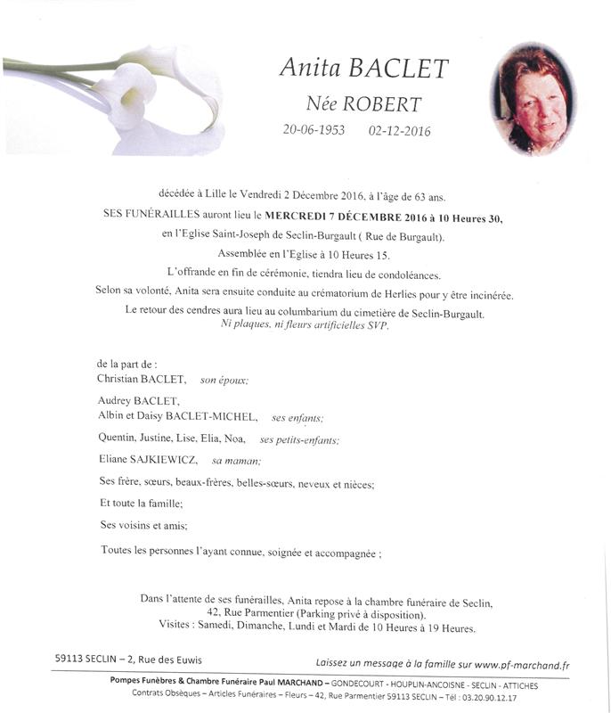 Image Annonce nécrologique d'Anita