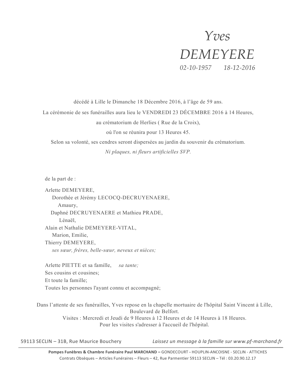 Image Annonce nécrologique de Yves