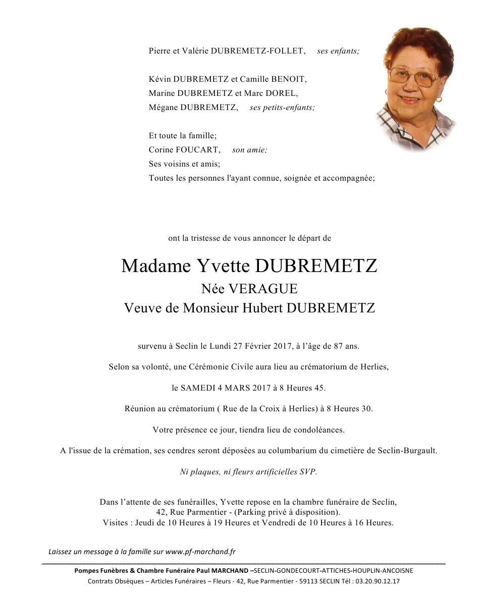 Image Annonce nécrologique d'Yvette