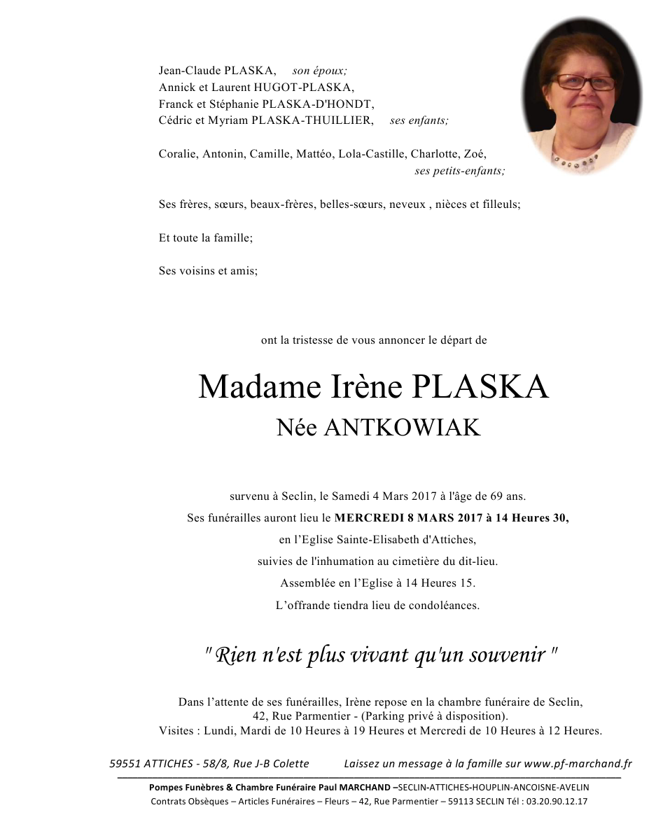 Image Annonce nécrologique d'Irène