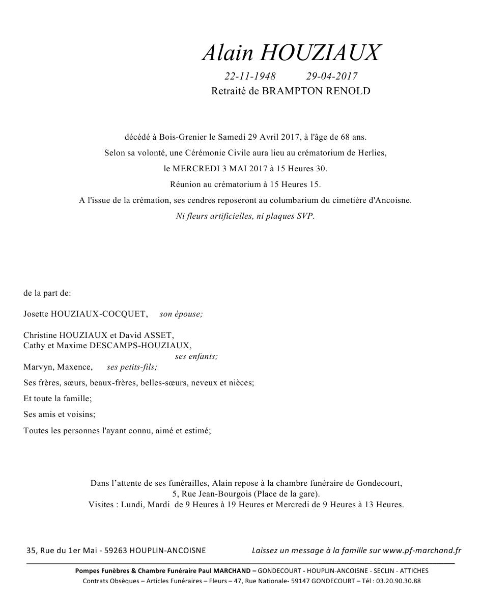 Image Annonce nécrologique d'Alain