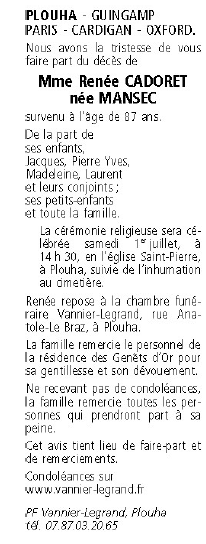 Image Avis de décès RENÉE CADORET née MANSEC