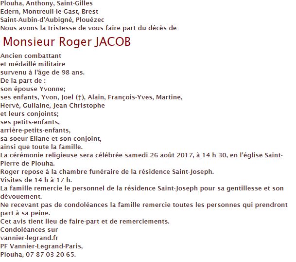 Image Avis de décès ROGER JACOB