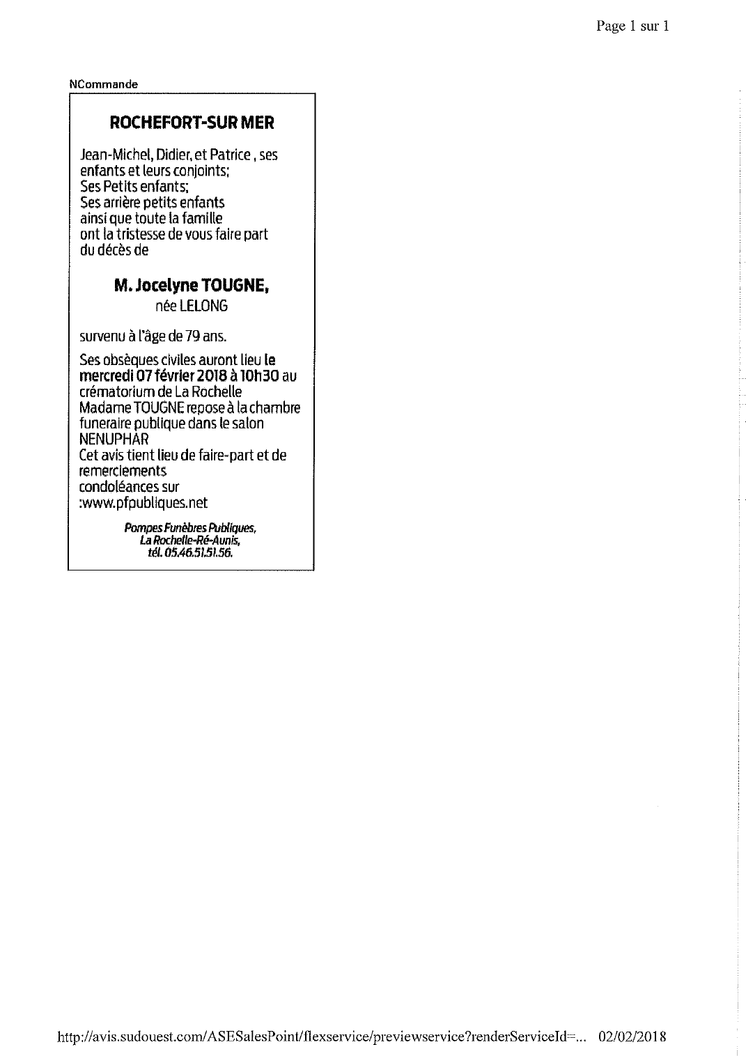 Deces De Madame Jocelyne Tougne Nee Lelong 01 02 18 Fr Be