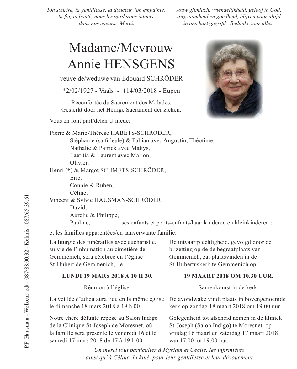 Deces De Madame Annie Schroder Nee Hensgens 14 03 18 Fr Be Annonce Necrologique 245538