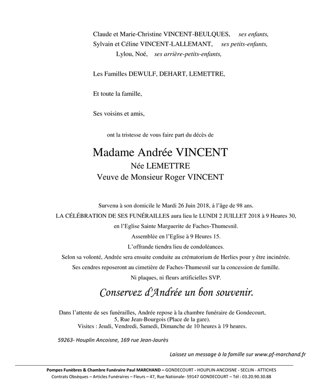 Image Annonce nécrologique de Andrée VINCENT