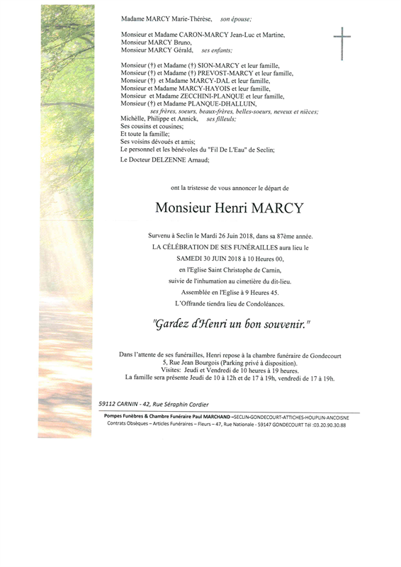 Image Annonce nécrologique de Henri MARCY