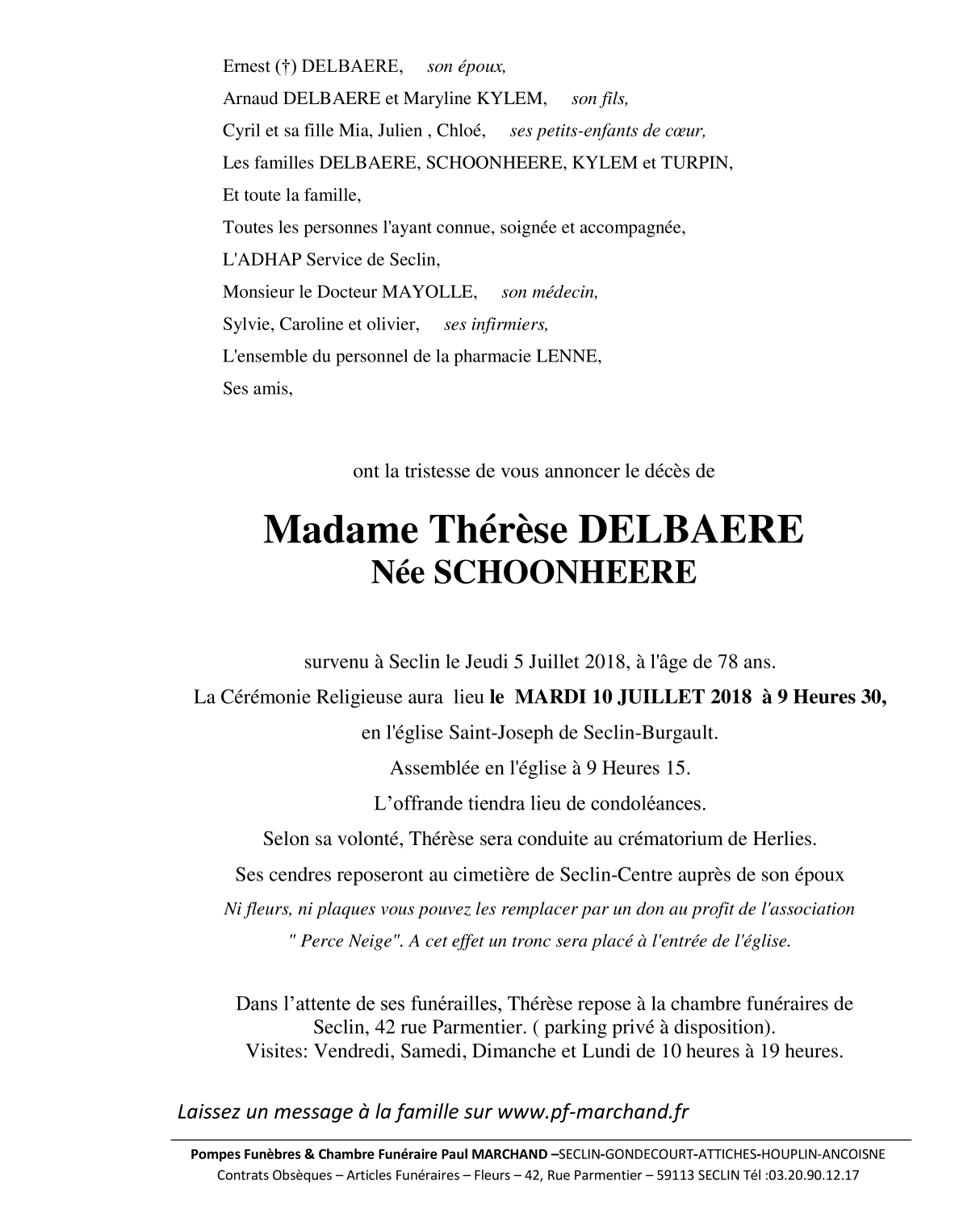 Image Annonce nécrologique de Thérèse DELBAERE née SCHOONHEERE