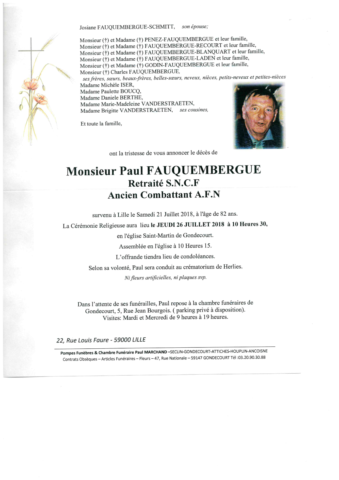 Image Annonce nécrologique de Paul FAUQUEMBERGUE