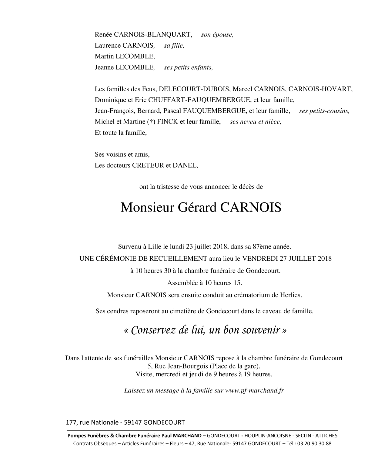 Image Annonce nécrologique de Gérard CARNOIS