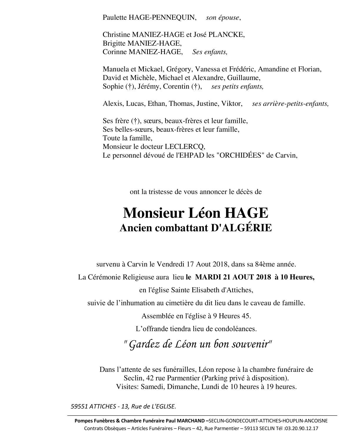 Image Annonce nécrologique de Léon HAGE