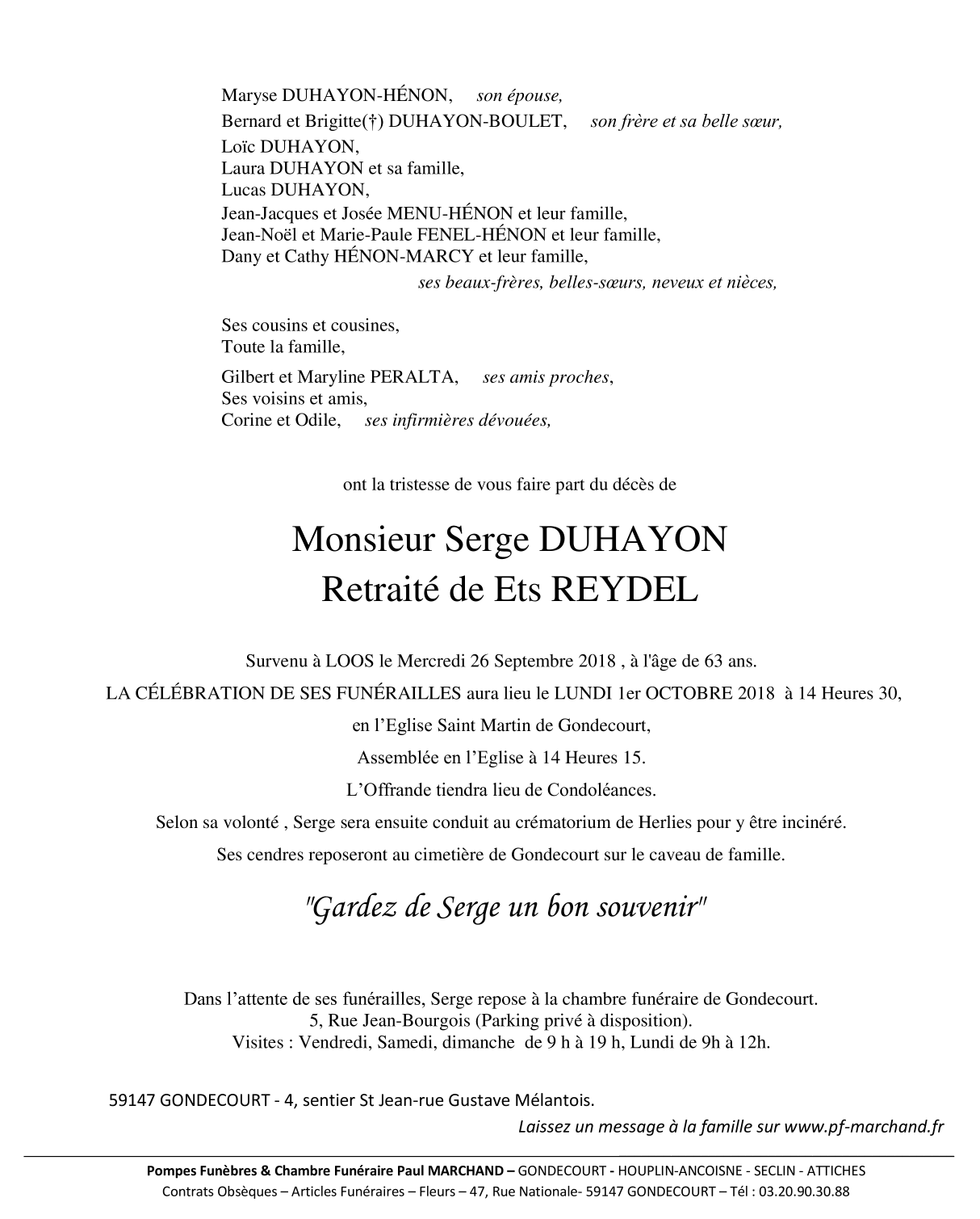 Image Annonce nécrologique de Serge DUHAYON