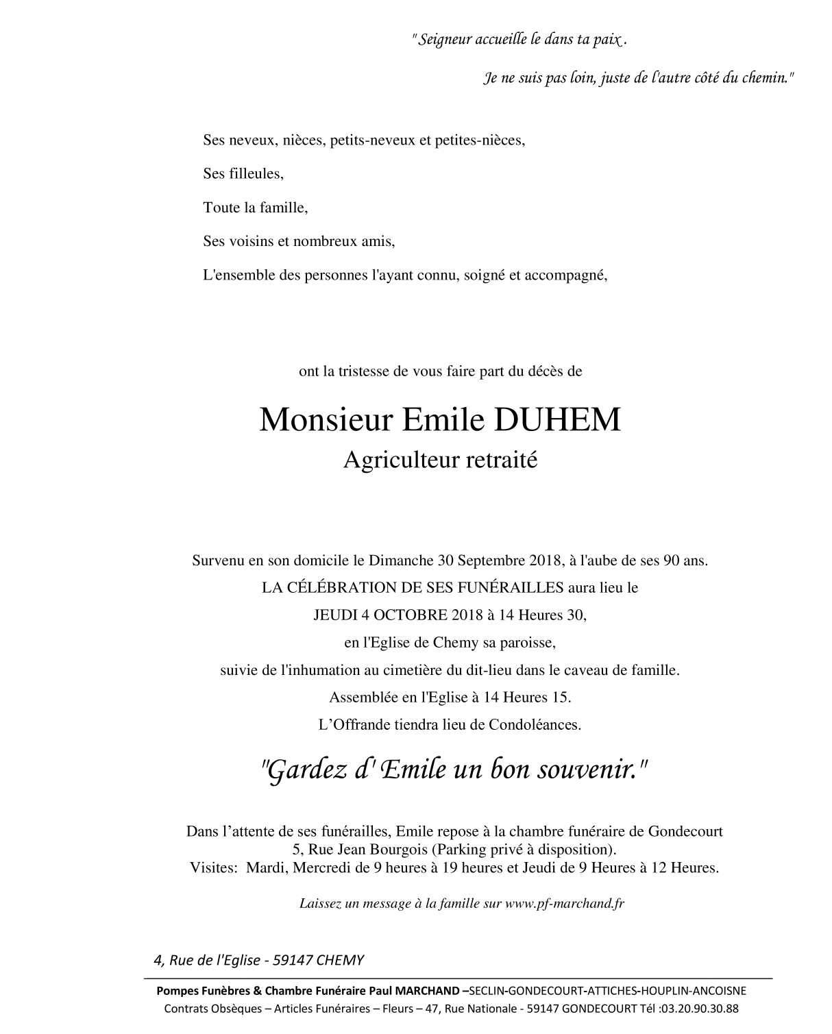 Image Annonce nécrologique de Emile DUHEM