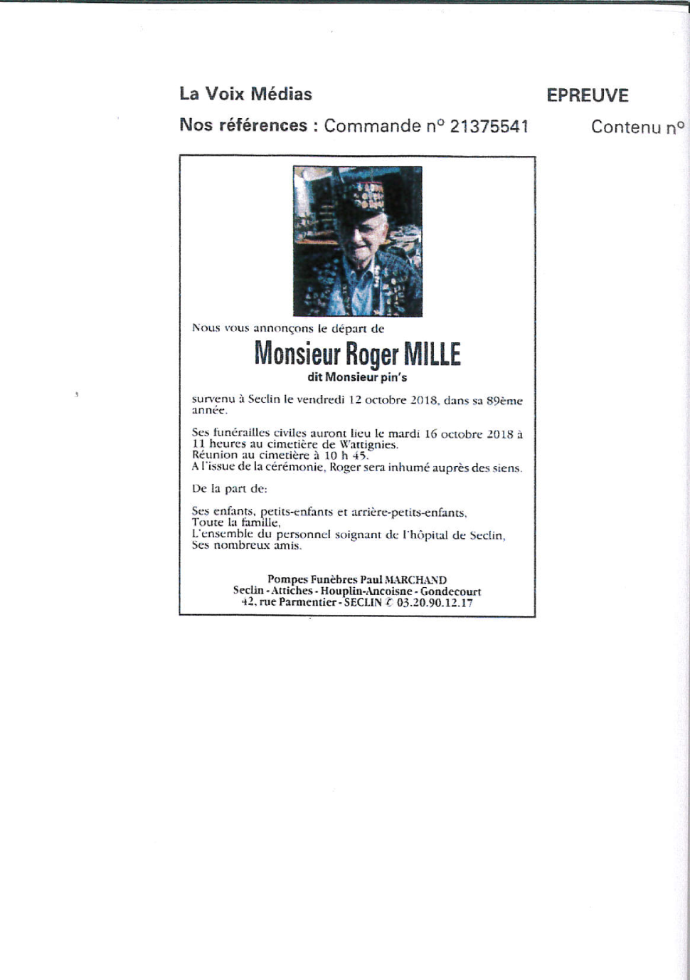 Image Annonce nécrologique de Roger MILLE