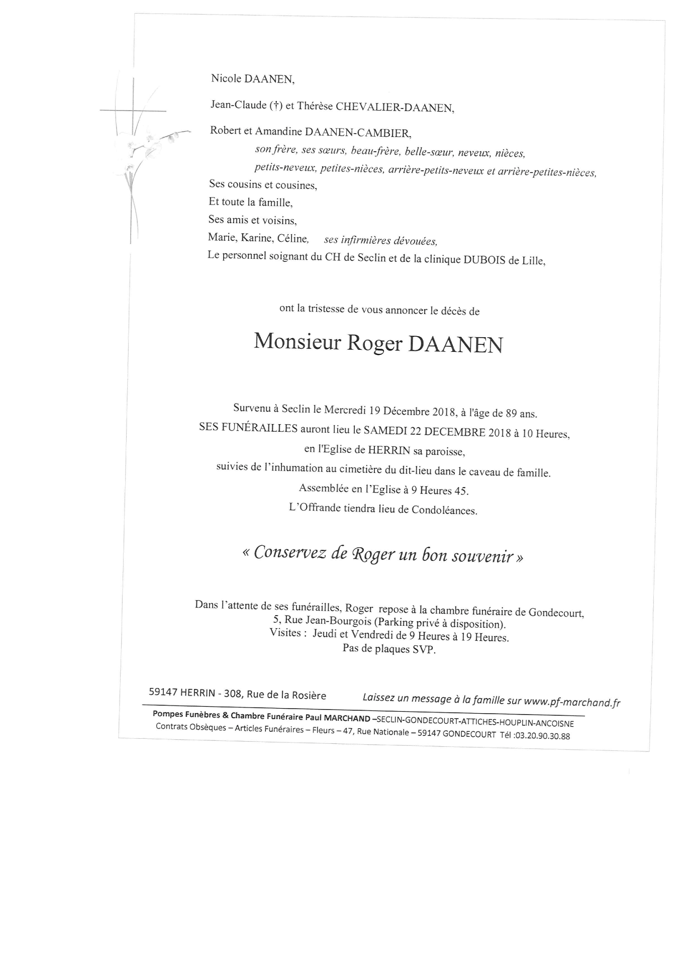 Image Annonce nécrologique de Roger DAANEN
