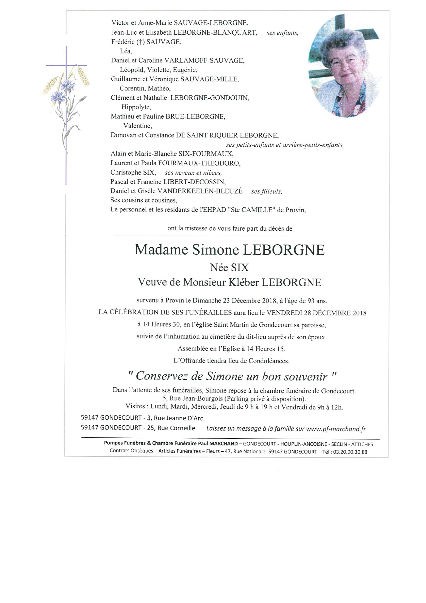 Image Annonce nécrologique de Simone LEBORGNE