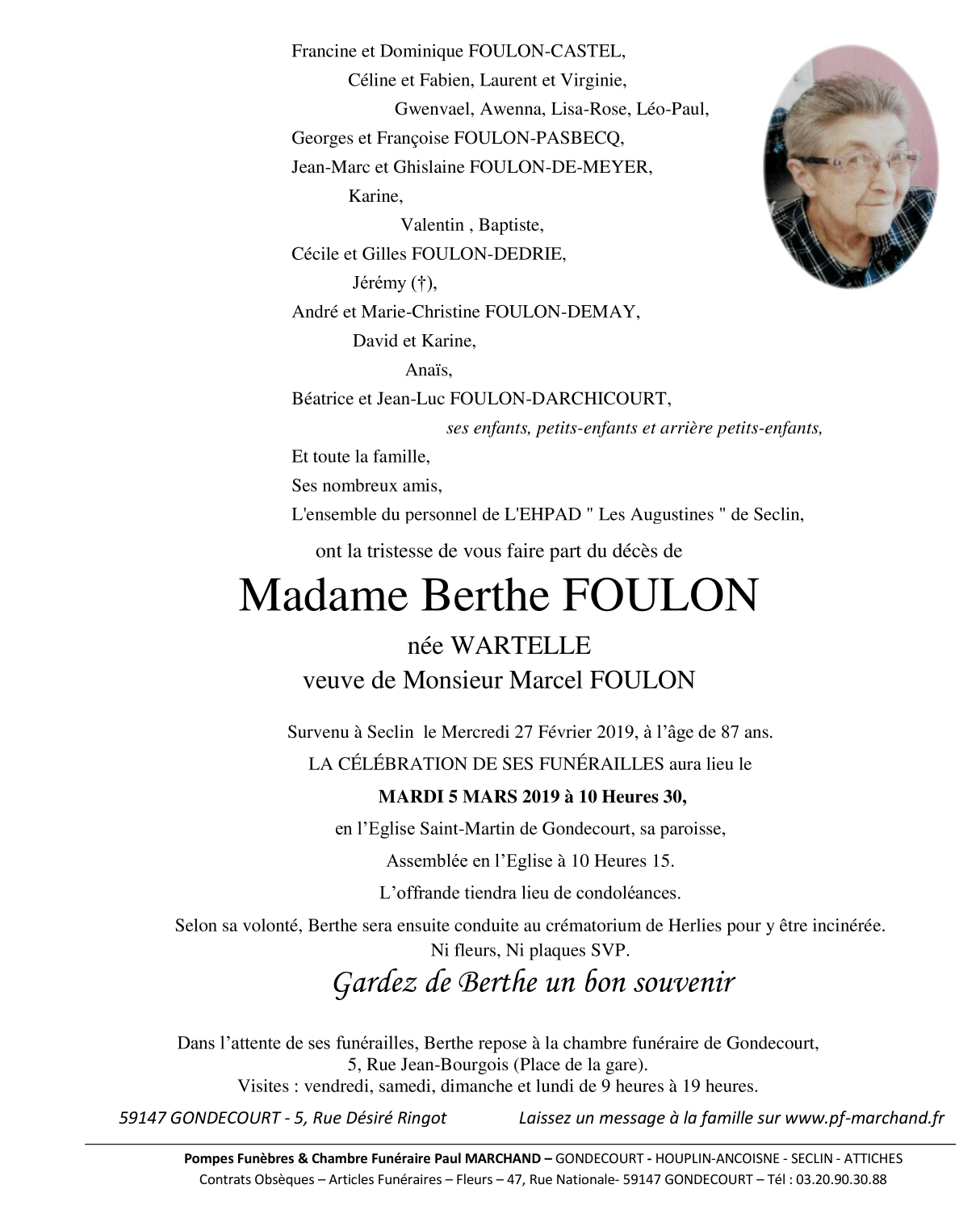 Image Annonce nécrologique de Berthe FOULON