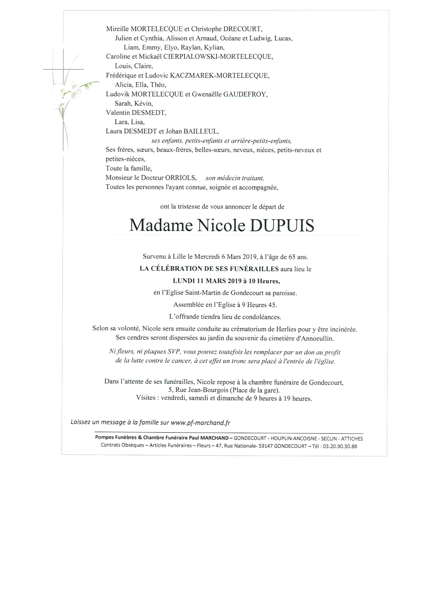 Image Annonce nécrologique de Nicole DUPUIS