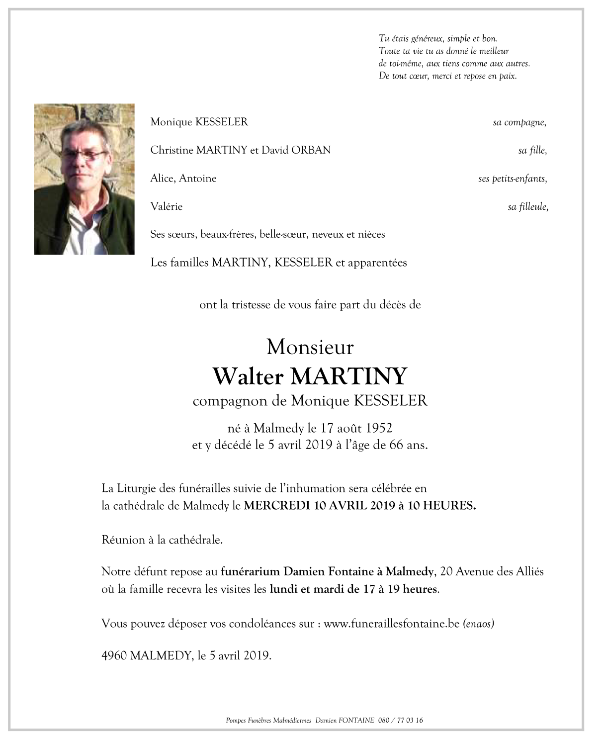 Décès de Monsieur Walter MARTINY (05-04 
