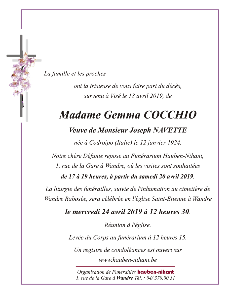 Deces De Madame Gemma Cocchio 18 04 19 Fr Be Annonce Necrologique 276678