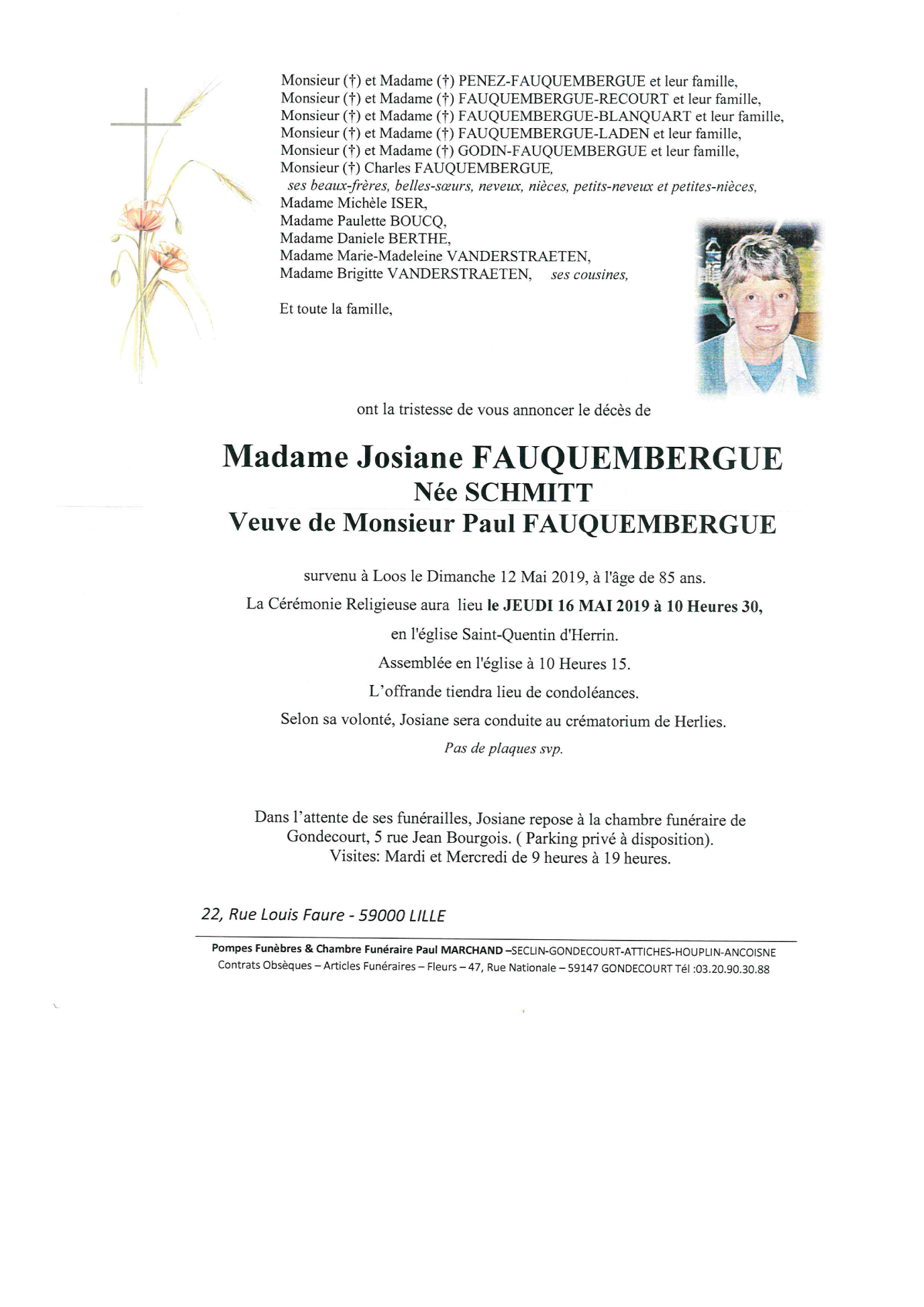 Image Annonce nécrologique de Josiane FAUQUEMBERGUE