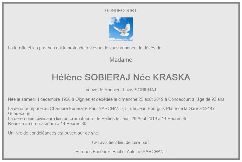 Image Annonce nécrologique d'Hélène SOBIERAJ