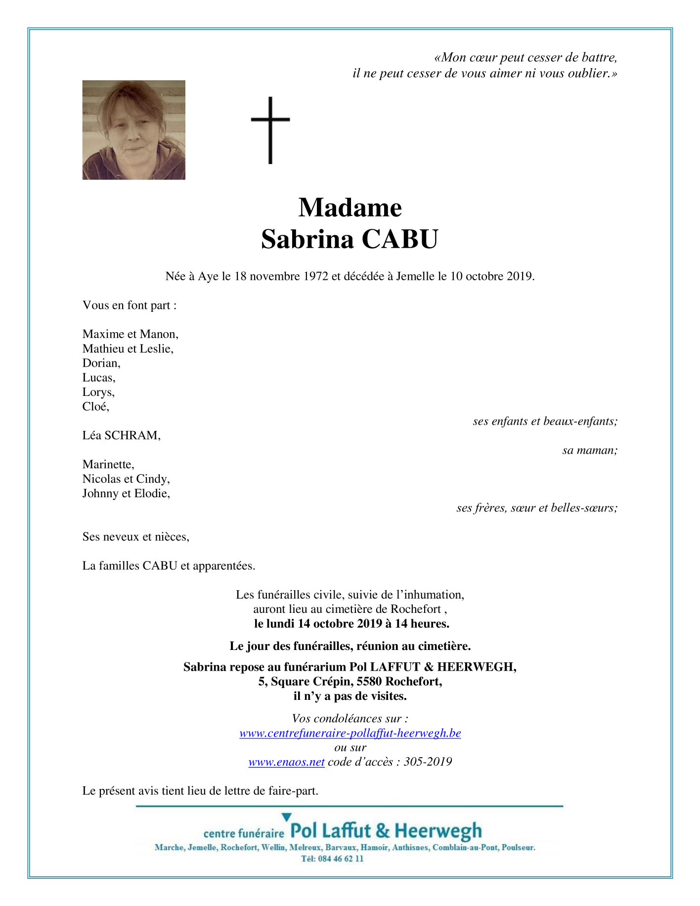Deces De Madame Sabrina Cabu 10 10 19 Fr Be Annonce
