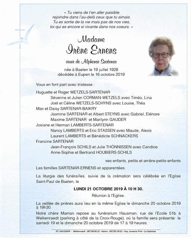 Deces De Madame Irene Ernens 16 10 19 Fr Be Annonce Necrologique 289938