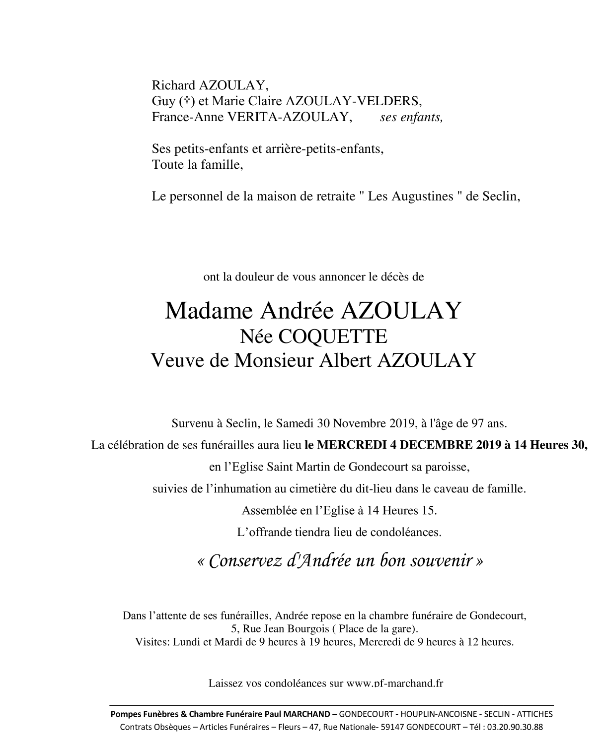 Image Annonce nécrologique de Andrée AZOULAY