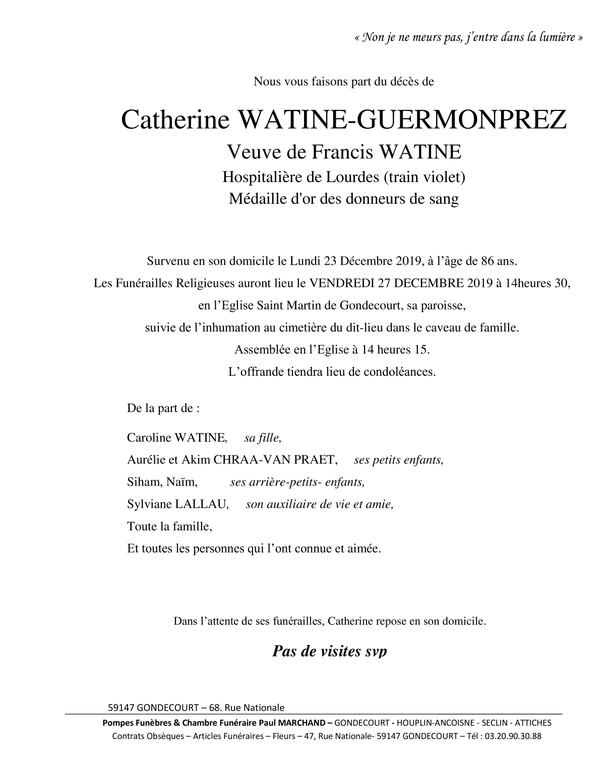 Image Annonce nécrologique de Catherine WATINE