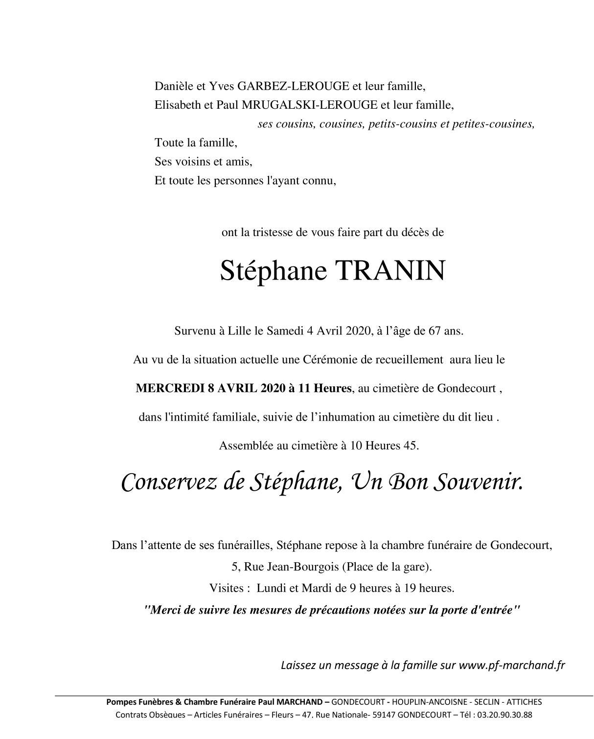 Image Annonce nécrologique de Stéphane TRANIN