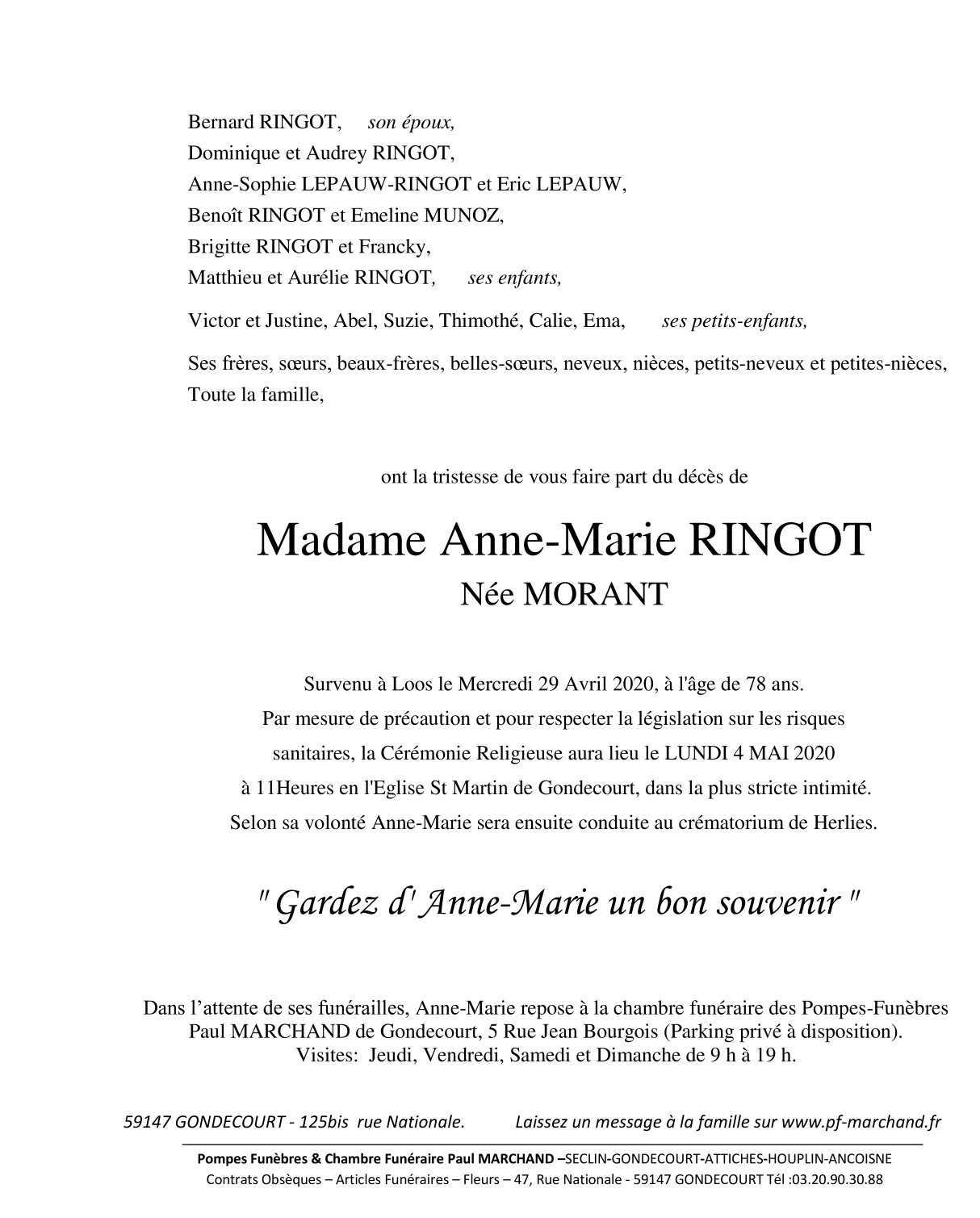 Image Annonce nécrologique d'Anne-Marie RINGOT née MORANT