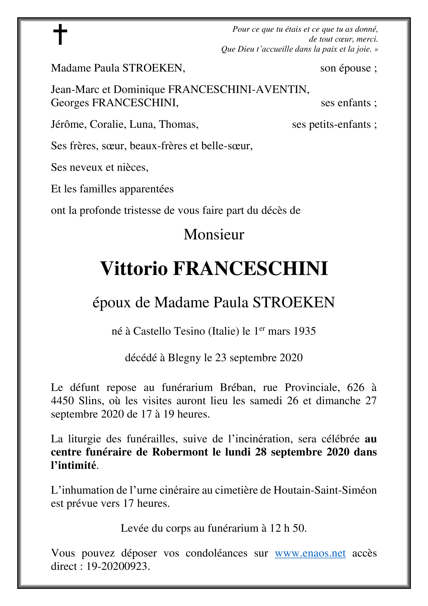 Deces De Monsieur Vittorio Franceschini Epoux De Paula Stroeken 23 09 20 Fr Be Annonce Necrologique 317992