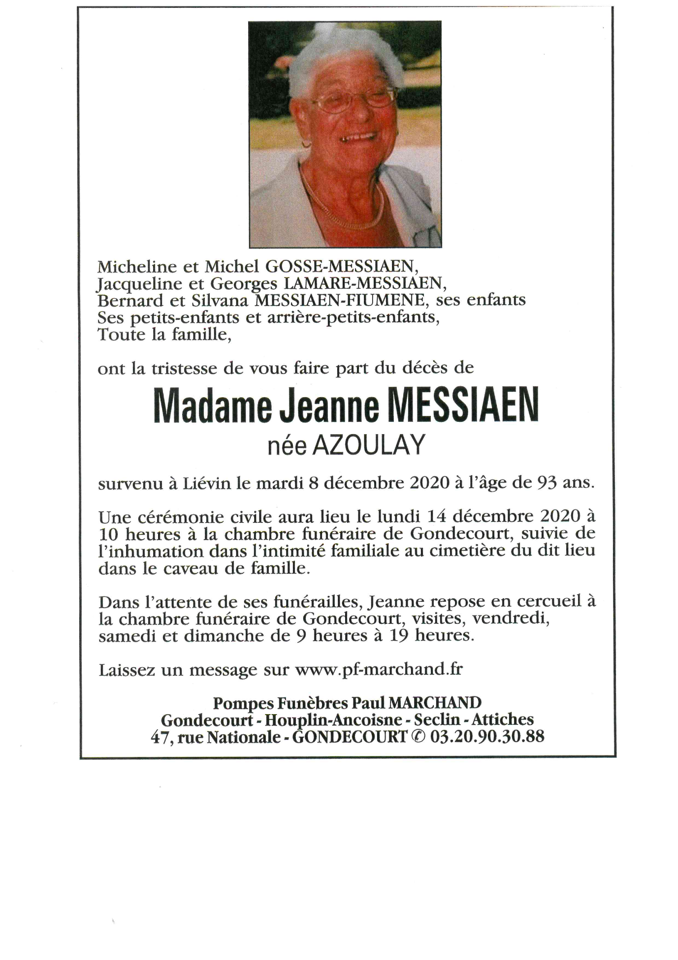 Image Annonce nécrologique de Jeanne MESSIAEN née AZOULAY