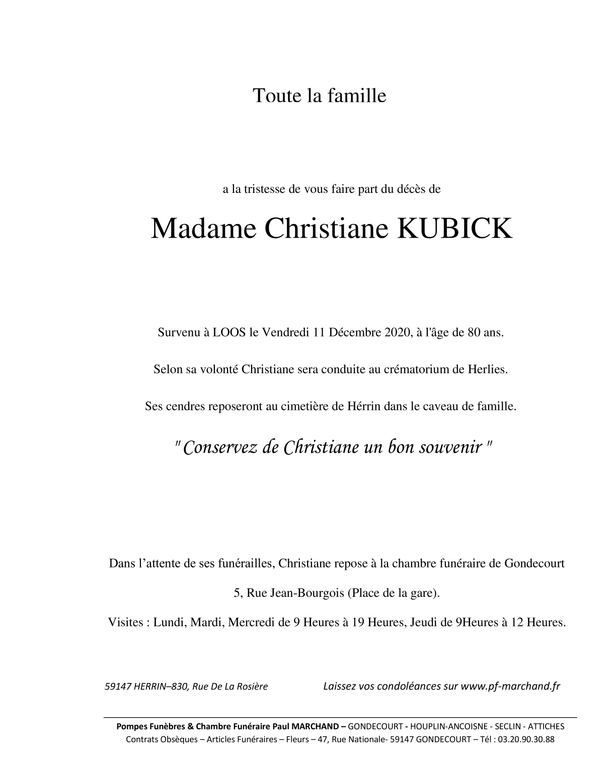 Image Annonce nécrologique de Christiane KUBICK née CALLOT