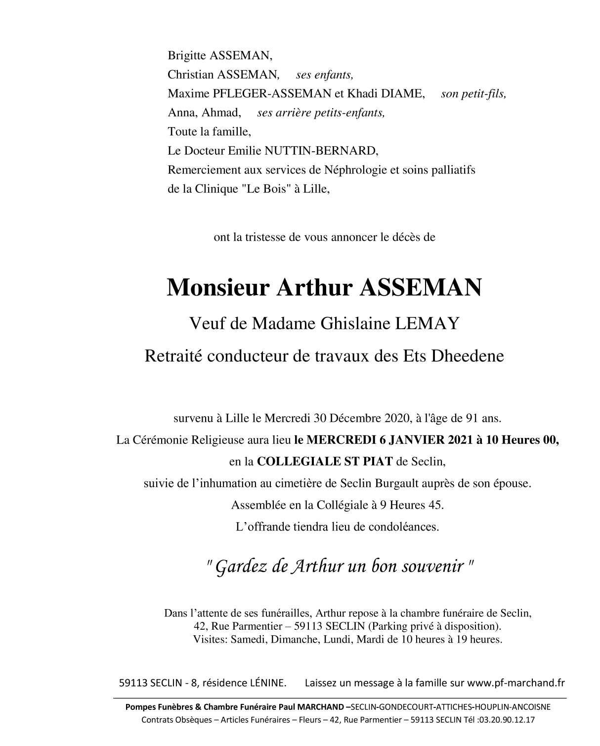 Image Annonce nécrologique de Arthur ASSEMAN