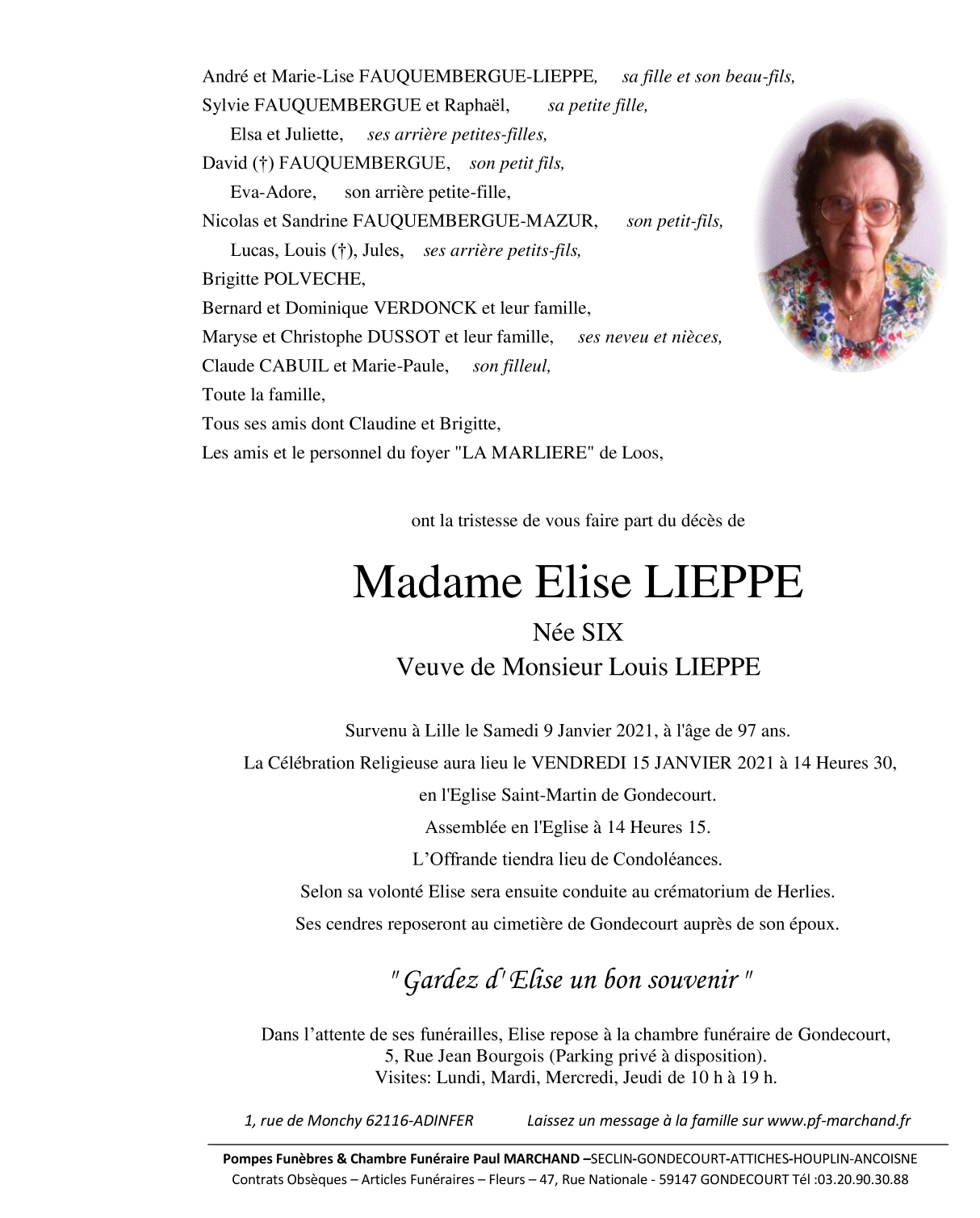 Image Annonce nécrologique de Elise LIEPPE née Six