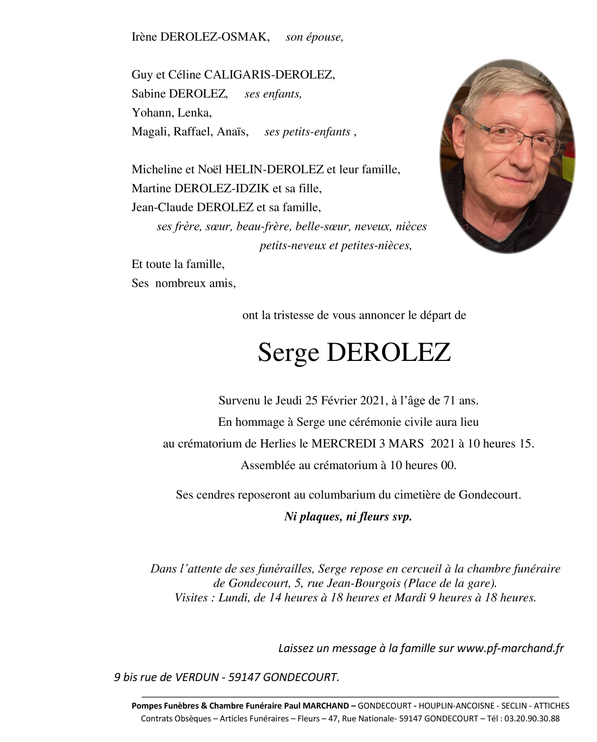 Image Annonce nécrologique de Serge DEROLEZ
