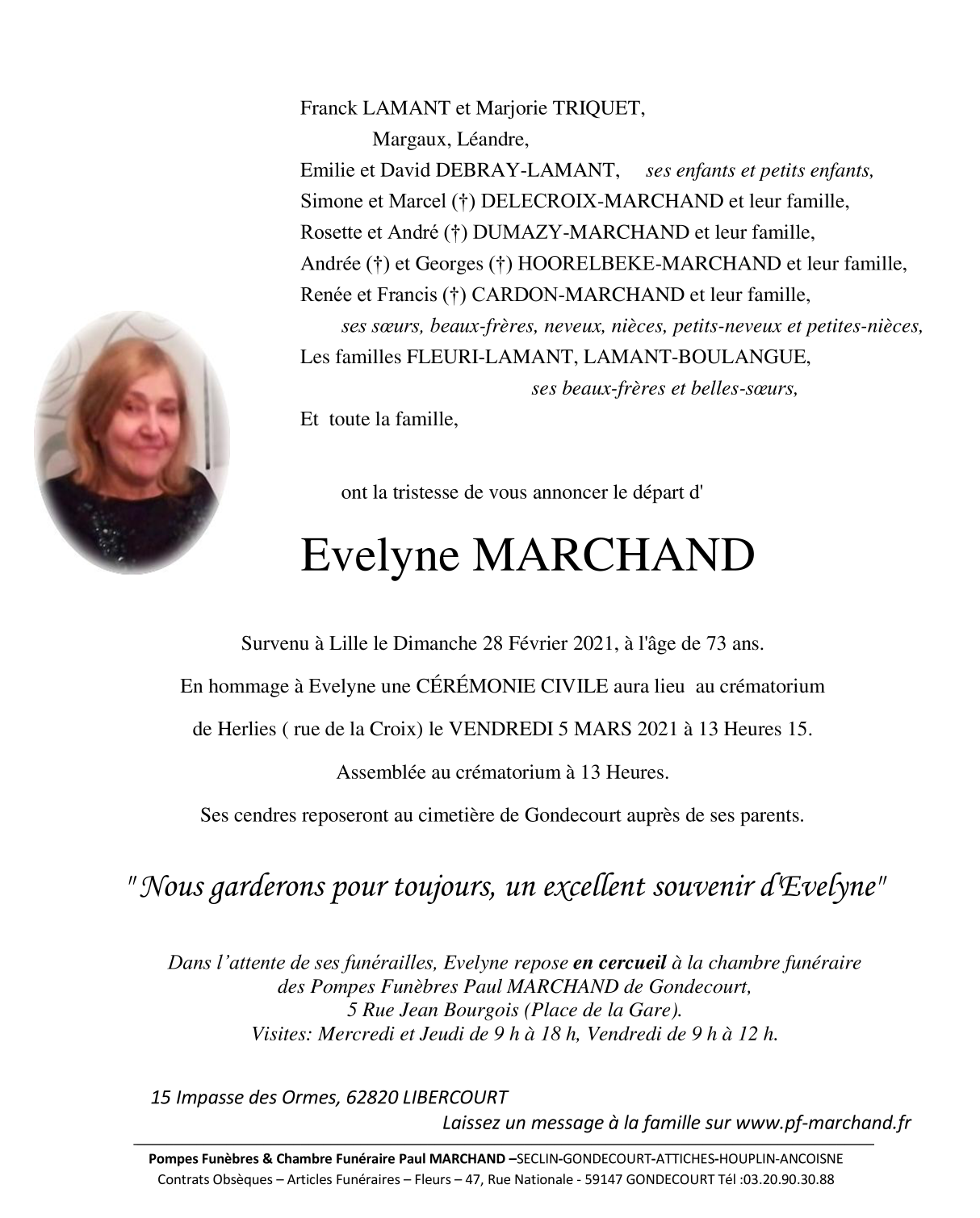 Image Annonce nécrologique de Evelyne MARCHAND