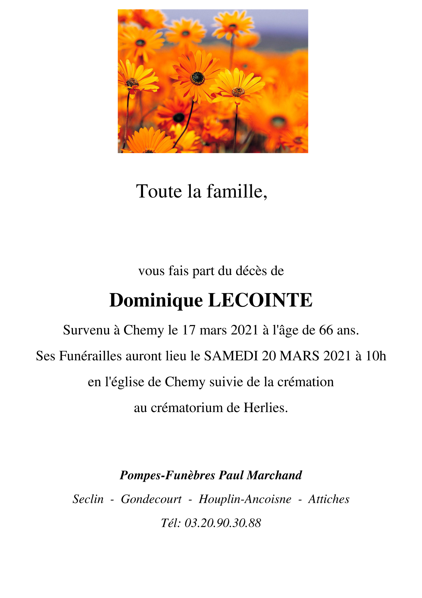 Image Annonce nécrologique de Dominique LECOINTE
